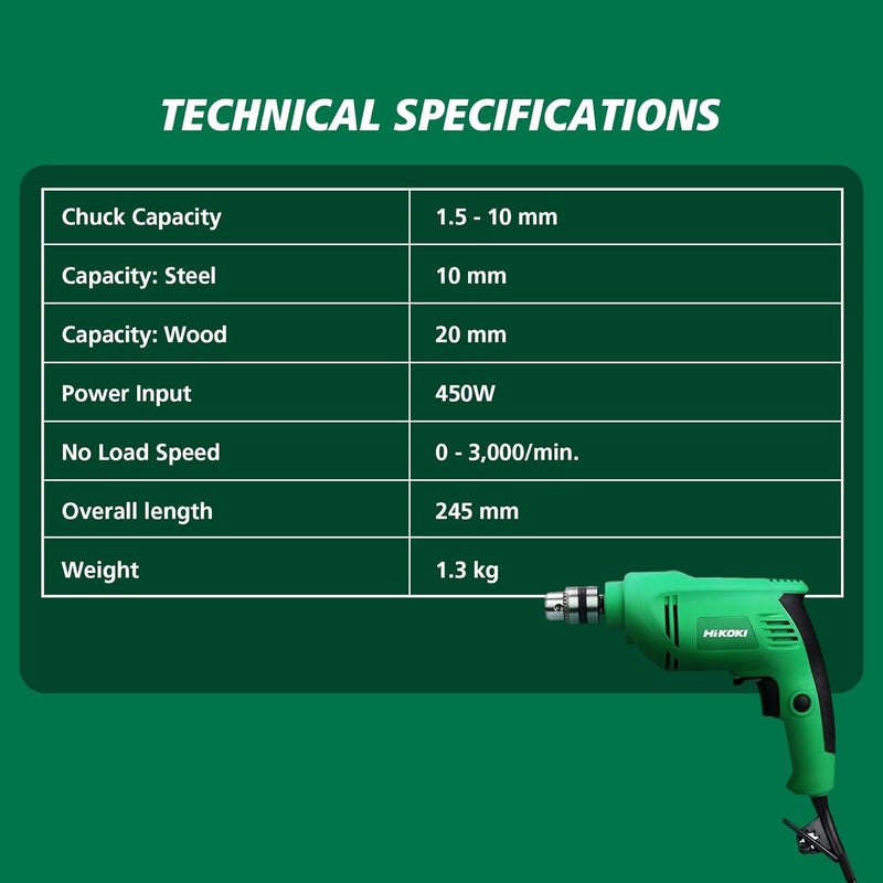 Hikoki D10Vstas9Z Corded Drill With Soft Grip Handle 450 Watts Powerful Motor 10Mm Drill Chuck And 03000Rpm 13 Kg Chuck Wrench Included Green - Image 5