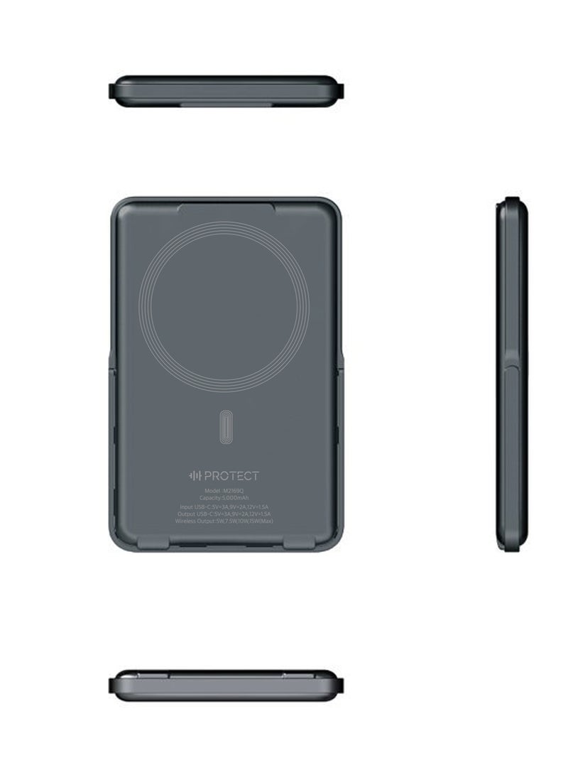 بروتيكت باور بنك مغناطيسي من بروتيكت بسعة 5000 مللي أمبير مع شحن سريع 20 واط، حامل ألومنيوم قابل للطي، شحن لاسلكي Qi، مؤشرات LED، متوافق مع PD تايب سي - Image 2