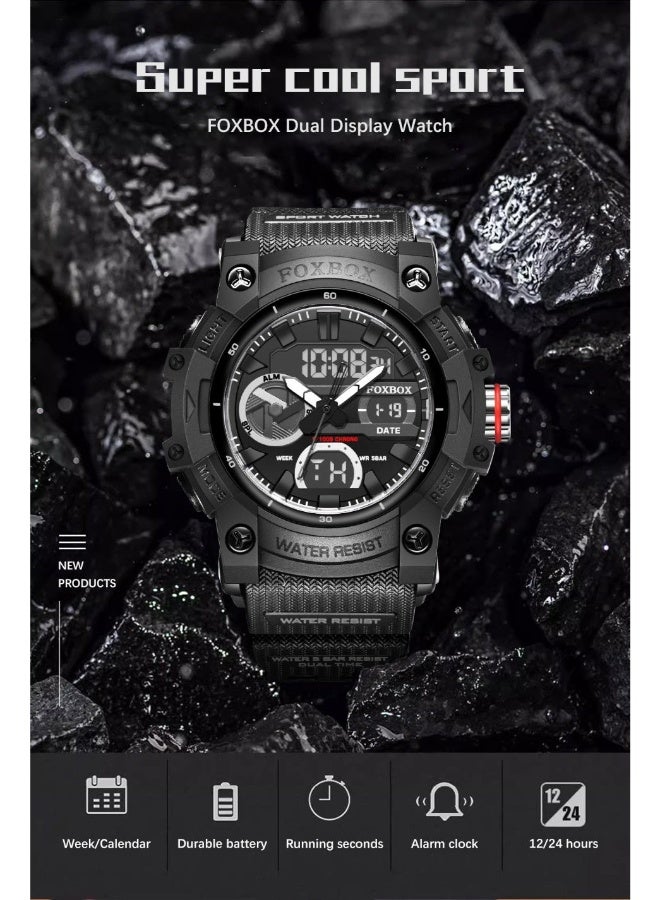 FOXBOX New Digital Analog Men's Watch Week/Calendar Dual Display Large Dial Waterproof Outdoor Sports Luminous Silicone Blue Quartz Watches for Men - Image 5