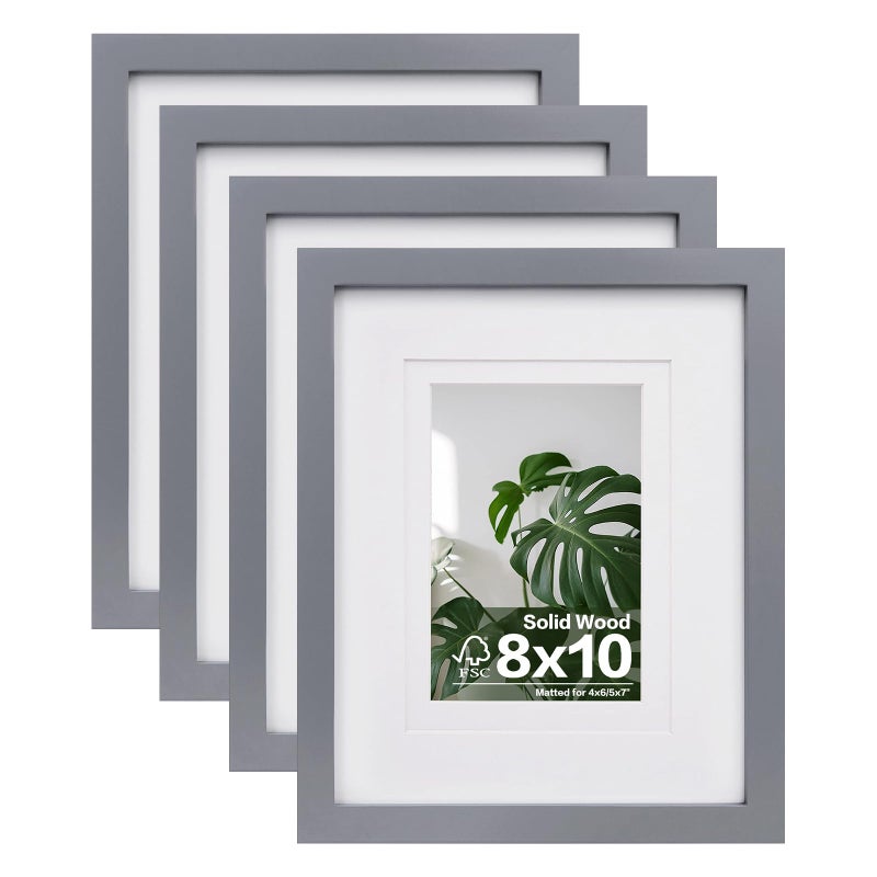 Egofine 8x10 Picture Frames 4 Pack  Wood Frames Covered by Plexiglass for Pictures 4x6 or 5x7 with Mat or 8x10 Without Mat Photo Frames for Table Top and Wall Display Dark Gray