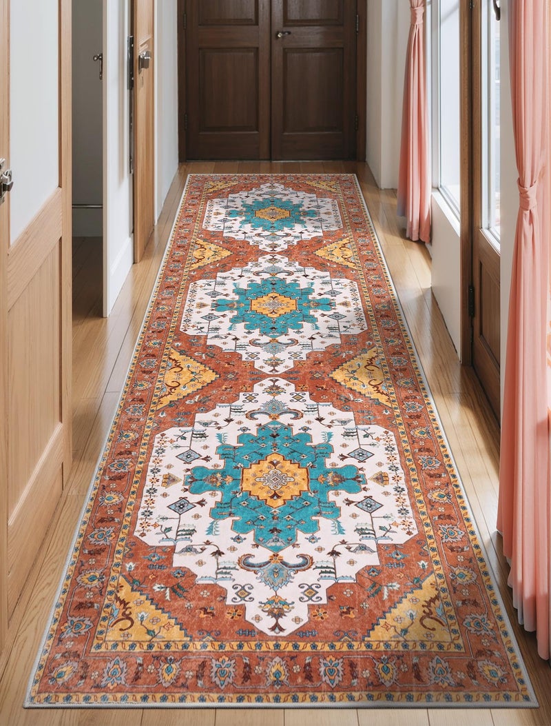 SERISSA Boho Washable Runner Rug 26x10 Long NonSlip Vintage Orange Hallway Kitchen Stair Runner Rug Ultra Soft Print Distressed Floor Carpet for Bedroom Bathroom Laundry Room