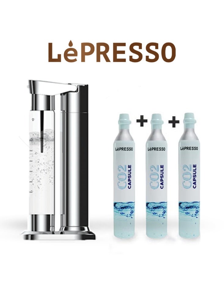 LePRESSO Sparkling Water Maker with 3+ Capsules & Slow-Fast Releasing System / Dual Bottle Support 500ml-350ml / Explosion-Proof Pet BPA Free / Co2 Chargers / CO2 Capsule Compatible / Easy to Clean - Silver - Image 1