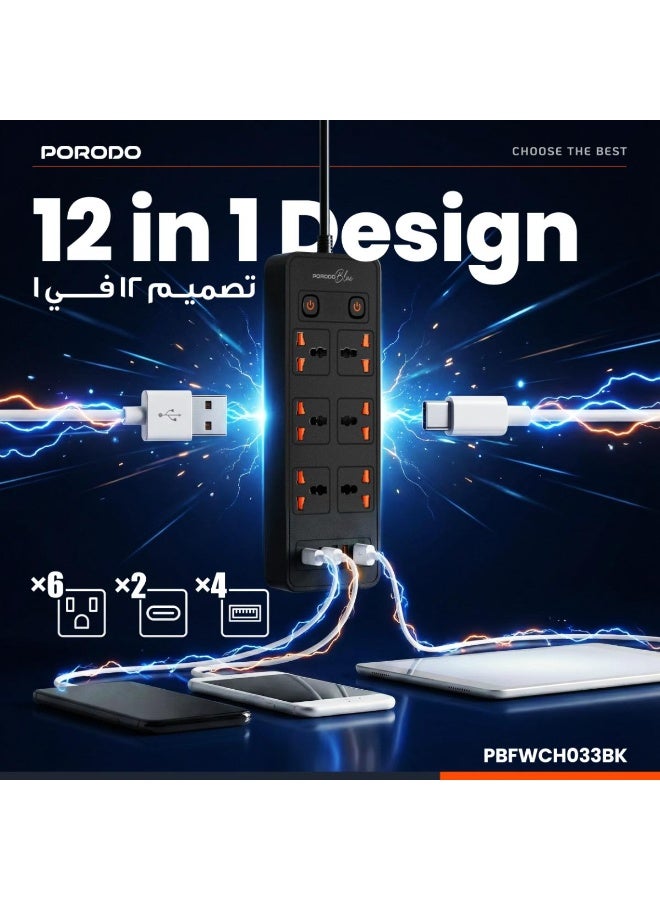 Porodo Blue 6 AC Power Strip with Dual Switch, 4 USB-A & 2 USB-C Ports, 3000W, 3M UK Plug Extension - Image 5