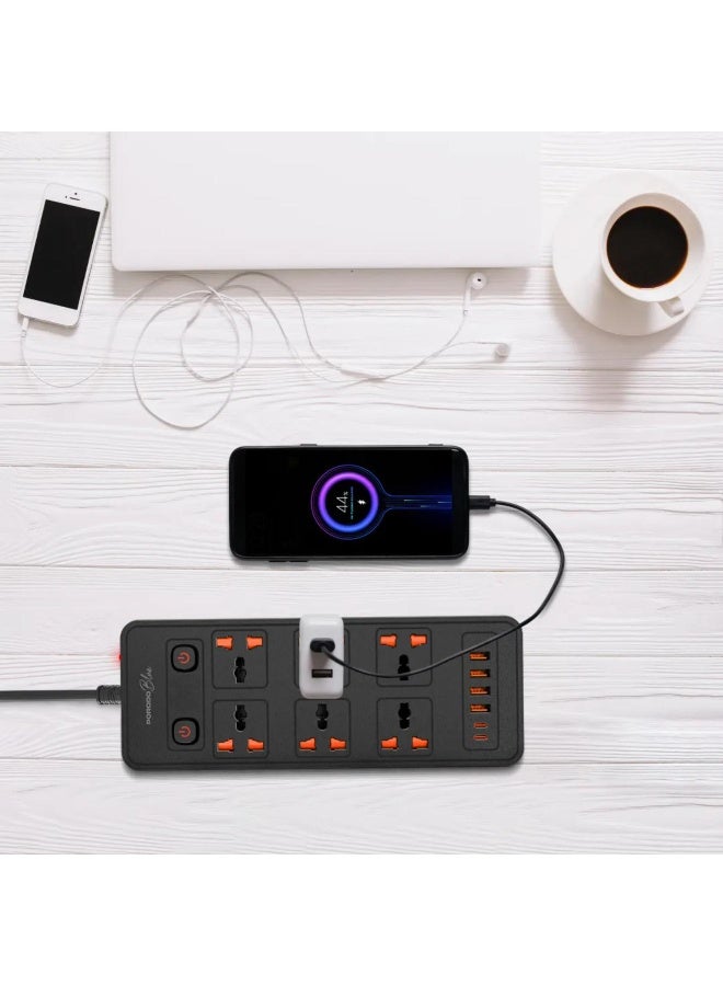 Porodo Blue 6 AC Power Strip with Dual Switch, 4 USB-A & 2 USB-C Ports, 3000W, 3M UK Plug Extension - Image 4