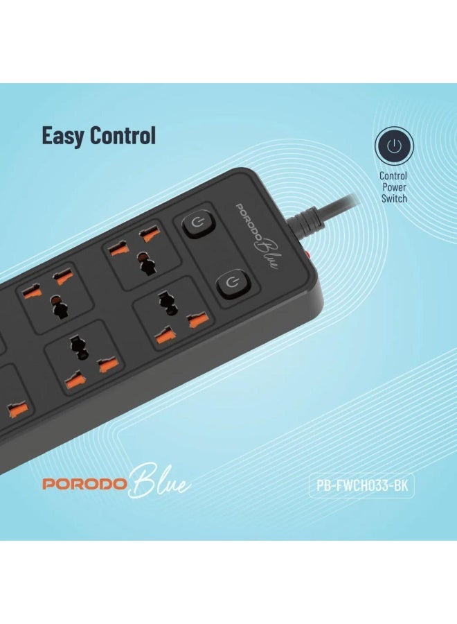 Porodo Blue 6 AC Power Strip with Dual Switch, 4 USB-A & 2 USB-C Ports, 3000W, 3M UK Plug Extension - Image 3