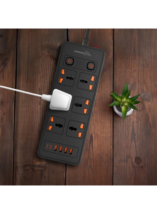 Porodo Blue 6 AC Power Strip with Dual Switch, 4 USB-A & 2 USB-C Ports, 3000W, 3M UK Plug Extension - Image 1