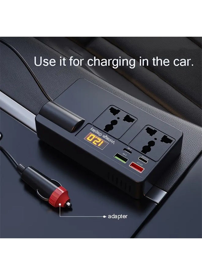 بولوز محول عالي الطاقة مركب على السيارة • موسع بستة منافذ بجهد 12 فولت-24 فولت إلى 220 فولت مع شاشة رقمية وشحن سريع وموصل USB شامل لإلكترونيات السيارة ومحطة شحن السيارة • شاحن سيارة حديث جودة بناء متينة ومحطة شحن للسيارة - Image 5