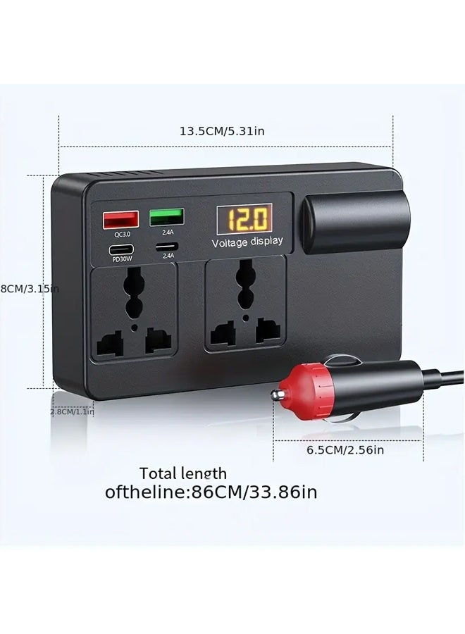 بولوز محول عالي الطاقة مركب على السيارة • موسع بستة منافذ بجهد 12 فولت-24 فولت إلى 220 فولت مع شاشة رقمية وشحن سريع وموصل USB شامل لإلكترونيات السيارة ومحطة شحن السيارة • شاحن سيارة حديث جودة بناء متينة ومحطة شحن للسيارة - Image 3