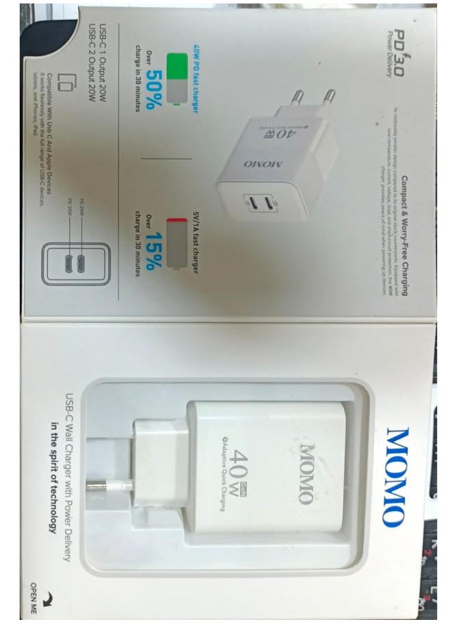 مومو  شاحن سريع، منفذ USB-C، 40 واط، أبيض - Image 2