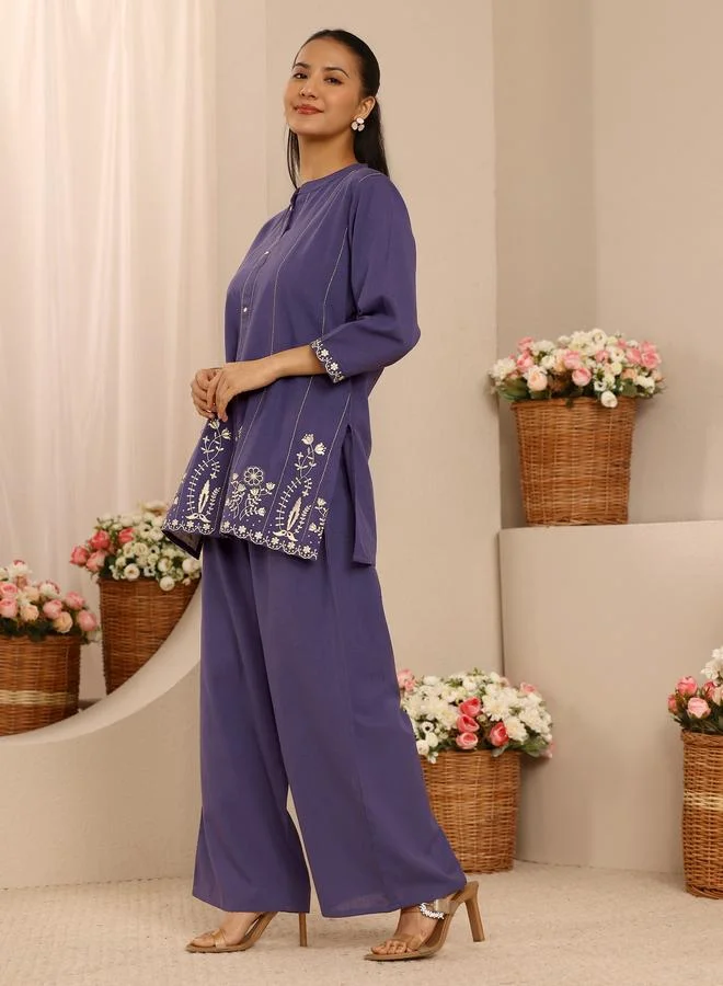 Libas Purple Cotton Blend Embroidered Co-Ord Set