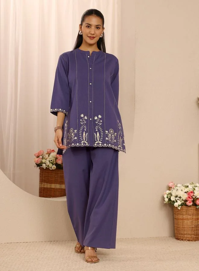 Libas Purple Cotton Blend Embroidered Co-Ord Set