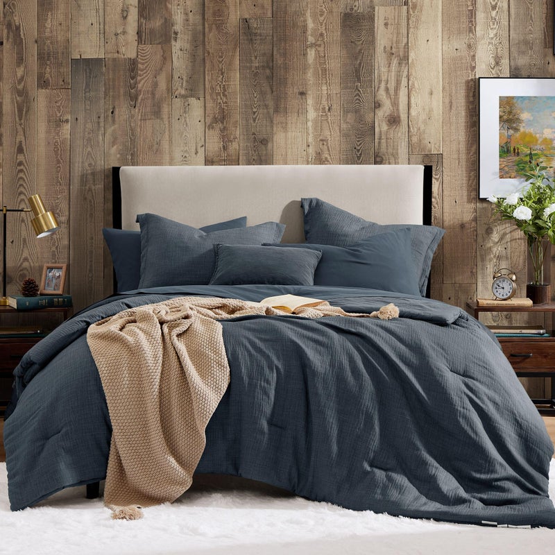 Geniospin Queen Comforter Set  7 Pieces Comforter Queen Size Soft Solid Bedding Set for All Season Textured Bed in a Bag with Sheets Pillowcases  Shams Navy Blue 90x90