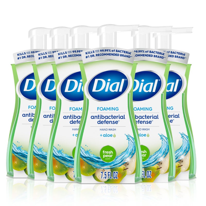 Dial Antibacterial Defense Foaming Hand Soap + Aloe, Fresh Pear Scent, 7.5 Fl Oz (Pack of 6), Dermatologist-Tested Hand Wash, Gentle on Skin - Image 1