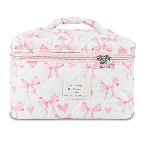 GISMTR Makeup Bag Quilted Bow Cosmetic Bag Large Travel Aesthetic Make up Bag Cute Coquette Toiletry Pouch for Women Girls - Image 1