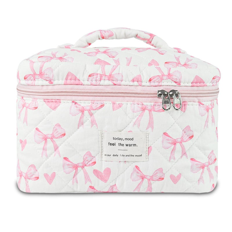 GISMTR Makeup Bag Quilted Bow Cosmetic Bag Large Travel Aesthetic Make up Bag Cute Coquette Toiletry Pouch for Women Girls - Image 2