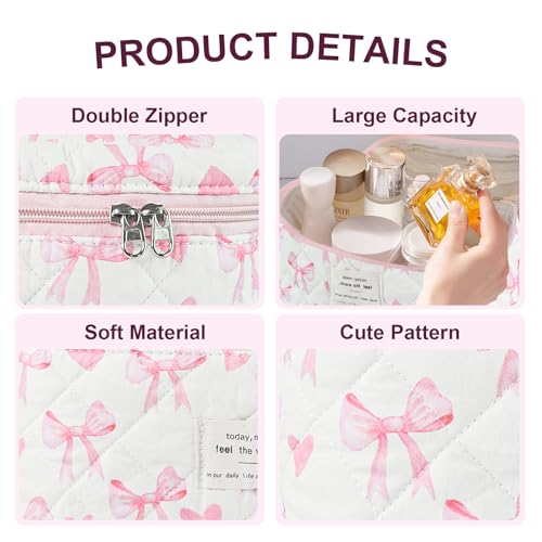 GISMTR Makeup Bag Quilted Bow Cosmetic Bag Large Travel Aesthetic Make up Bag Cute Coquette Toiletry Pouch for Women Girls - Image 3