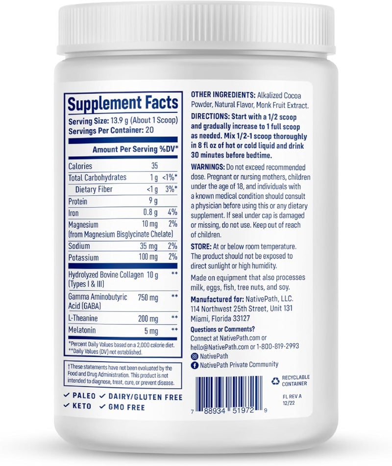 NativePath Collagen PM  Chocolate Nighttime Collagen Peptides Powder with Magnesium GABA LTheanine and Melatonin  20 Servings - Image 3