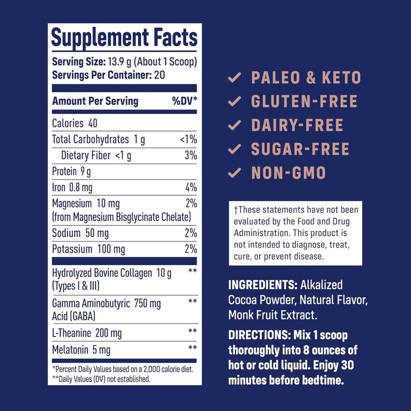 NativePath Collagen PM  Chocolate Nighttime Collagen Peptides Powder with Magnesium GABA LTheanine and Melatonin  20 Servings - Image 2