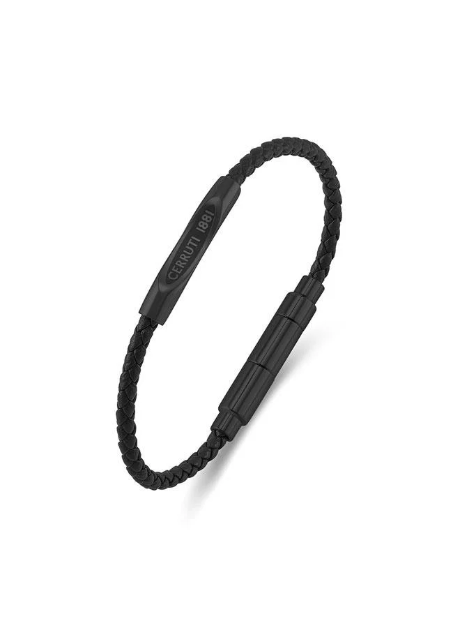 شيروتي 1881 Matteo Black Stainless Steel Black Braided Leather Bracelet for Men 180mm