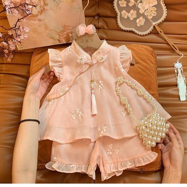 Girls Cheongsam Summer Outfit 2024 New Trendy Two-Piece Set Pink 