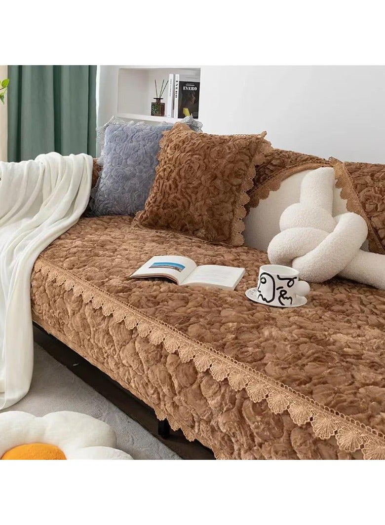 Comfy غطاء أريكة مريح وناعم من الدانتيل عالي الجودة، بني 210×90 سم