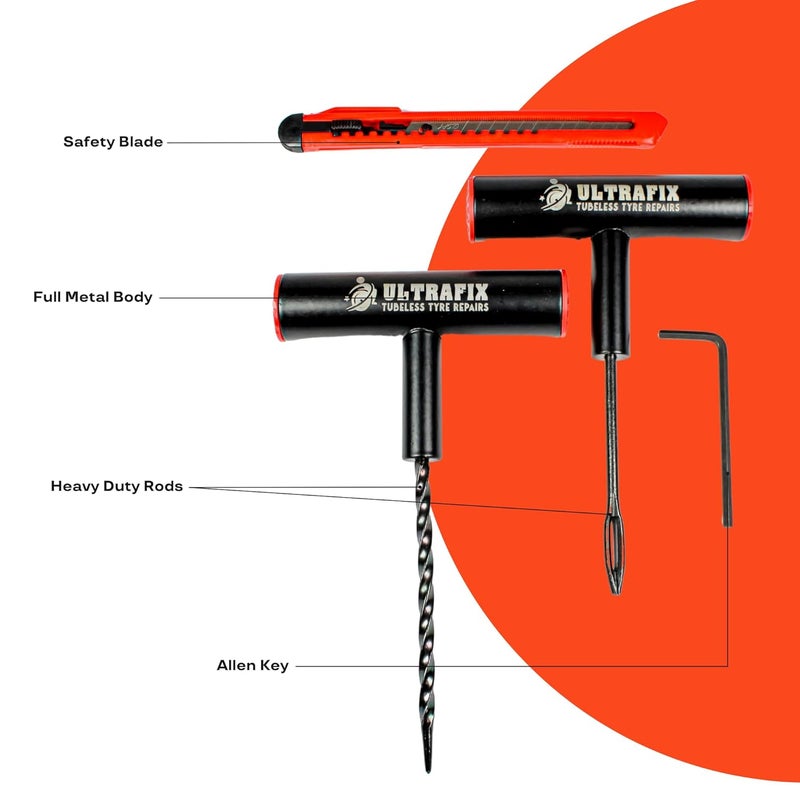 ULTRAFIX Premium Tubeless Tyre Puncture Repair Kit – Heavy Duty Metal Tools with 5 Repair Strips, Safety Cutter & Allen Key for Car - Image 3