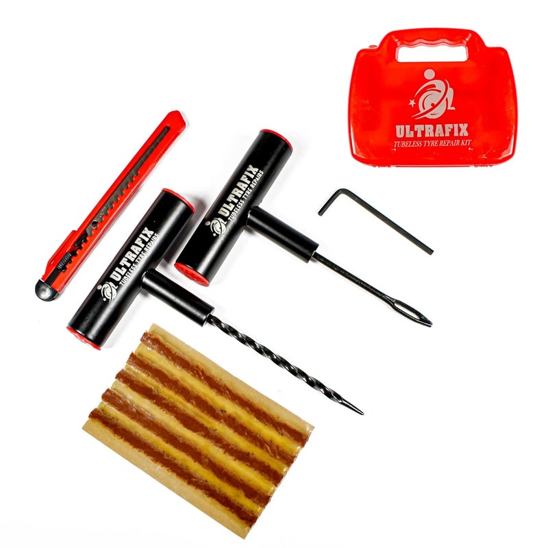 ULTRAFIX Premium Tubeless Tyre Puncture Repair Kit – Heavy Duty Metal Tools with 5 Repair Strips, Safety Cutter & Allen Key for Car - Image 1