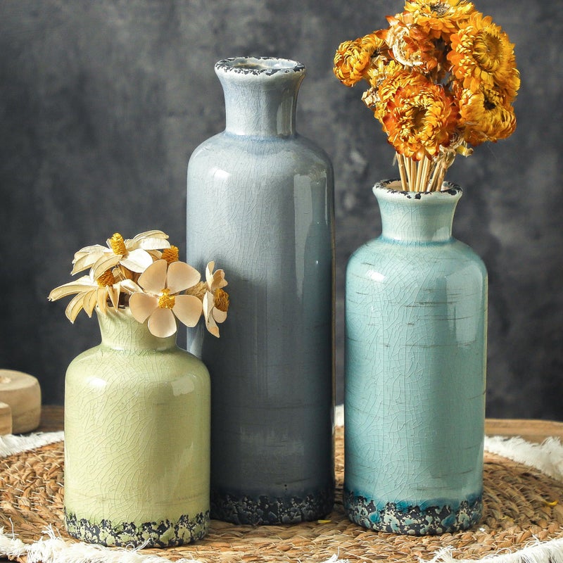 ooit Flower Vase Set of 3, Ceramic Neutral Vases Home Decor, Pottery Rustic Farmhouse Decorative Vases Modern Decor for Table Mantel Entryway Bookshelf Living Room Kitchen Bedroom - Multicolor - Image 1