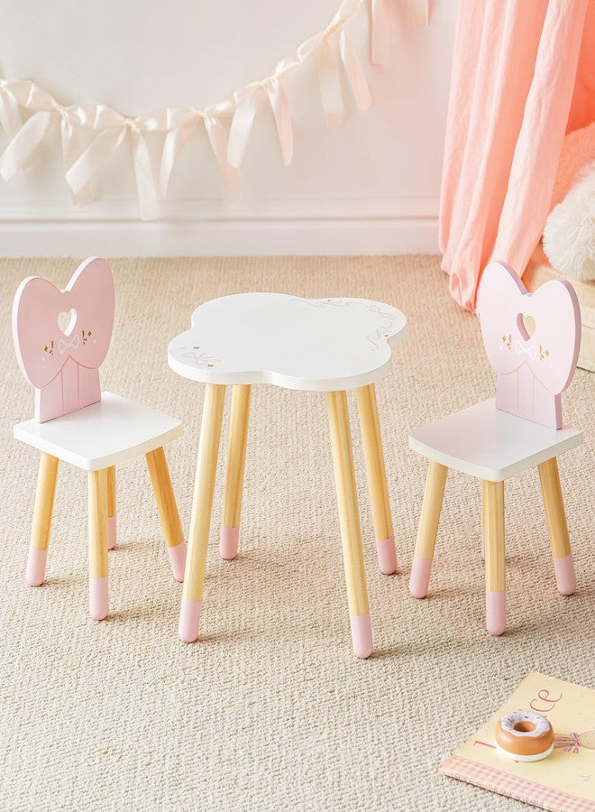ROBUD Wooden Doll Table and 2 Chairs Set, 18 Inch Doll Dining Table with Cloud & Heart Design, Pretend Play Wooden Doll Furniture with Ballet Style, Doll Furniture for American Girls Ages 3+ (Pink) - Image 1