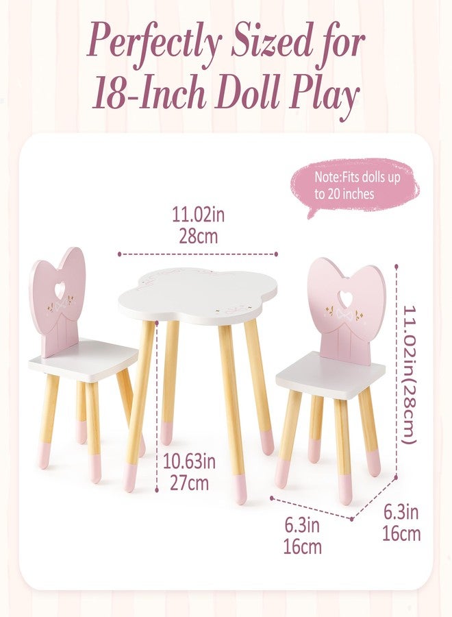ROBUD Wooden Doll Table and 2 Chairs Set, 18 Inch Doll Dining Table with Cloud & Heart Design, Pretend Play Wooden Doll Furniture with Ballet Style, Doll Furniture for American Girls Ages 3+ (Pink) - Image 3