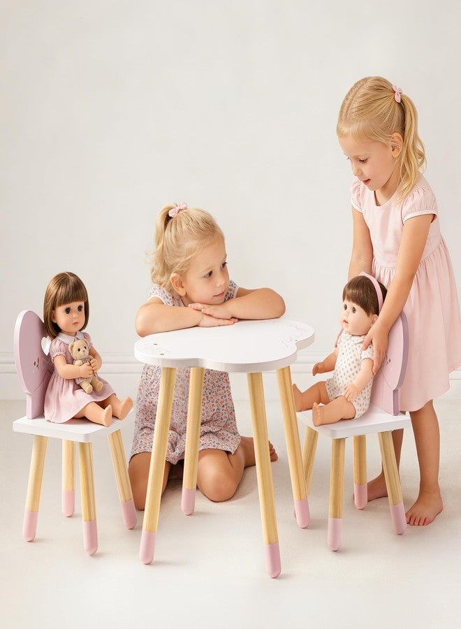 ROBUD Wooden Doll Table and 2 Chairs Set, 18 Inch Doll Dining Table with Cloud & Heart Design, Pretend Play Wooden Doll Furniture with Ballet Style, Doll Furniture for American Girls Ages 3+ (Pink) - Image 2