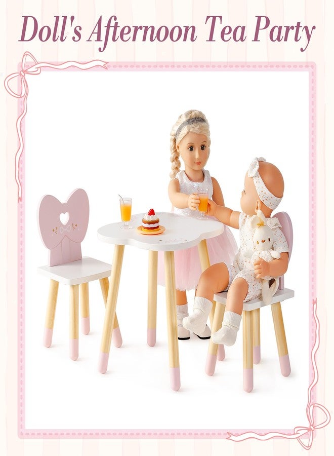 ROBUD Wooden Doll Table and 2 Chairs Set, 18 Inch Doll Dining Table with Cloud & Heart Design, Pretend Play Wooden Doll Furniture with Ballet Style, Doll Furniture for American Girls Ages 3+ (Pink) - Image 4