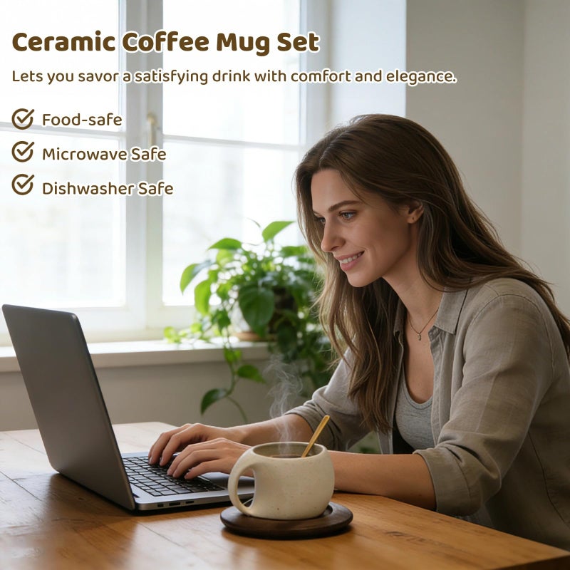 Matte Glaze Ceramic Coffee Mug Set with Wood Saucer and Spoon Microwave and Dishwasher Safe - Image 3