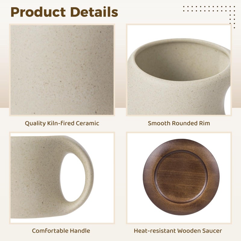 Matte Glaze Ceramic Coffee Mug Set with Wood Saucer and Spoon Microwave and Dishwasher Safe - Image 5