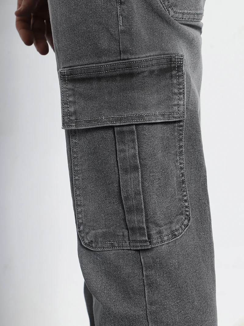 Urbano Fashion  Urbano Fashion Men's Light Grey Regular Fit Washed Cargo Jeans with 6 Pockets Stretchable  | Best Price UAE