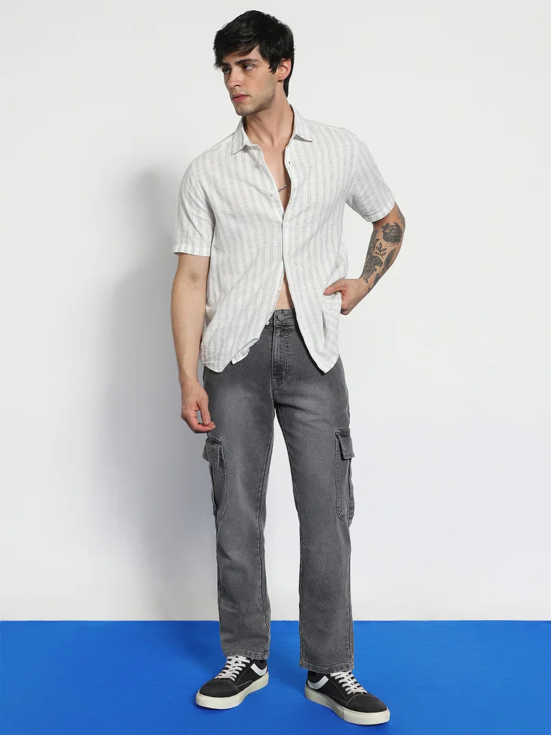 Urbano Fashion  Urbano Fashion Men's Light Grey Regular Fit Washed Cargo Jeans with 6 Pockets Stretchable  | Best Price UAE