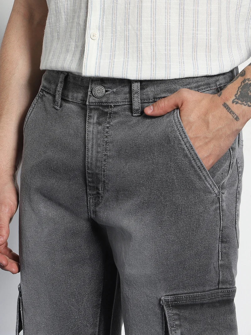 Urbano Fashion  Urbano Fashion Men's Light Grey Regular Fit Washed Cargo Jeans with 6 Pockets Stretchable  | Best Price UAE