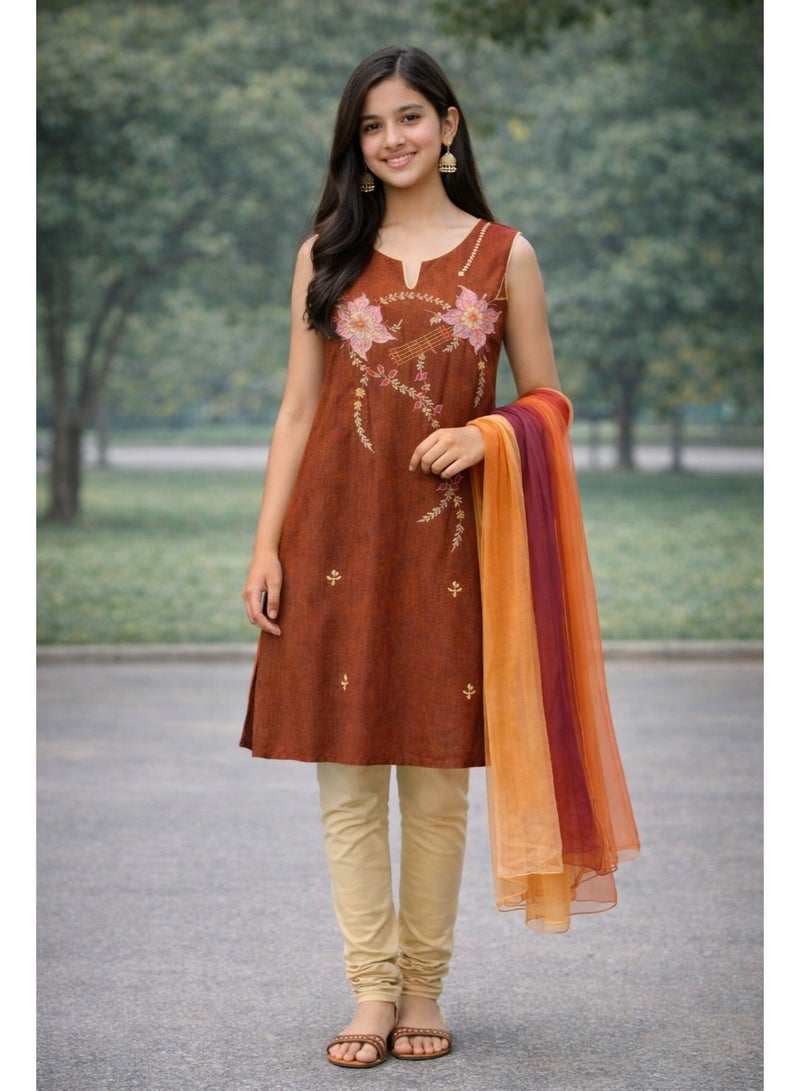 JOLLITY LLC Girls Ethnic Wear Kurti Set | 14–15 Years | 3 Piece Festive Outfit with Dupatta (Kurti, Pants & Scarf) | Brown & Beige - Image 1