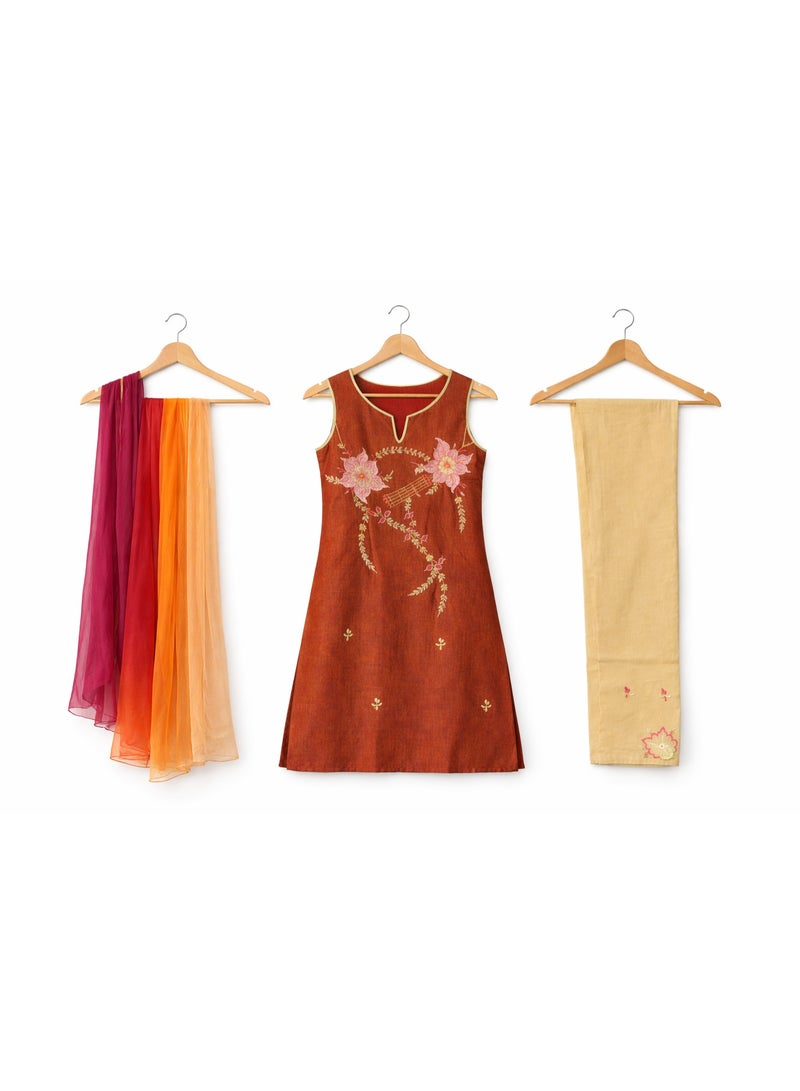 JOLLITY LLC Girls Ethnic Wear Kurti Set | 14–15 Years | 3 Piece Festive Outfit with Dupatta (Kurti, Pants & Scarf) | Brown & Beige - Image 2