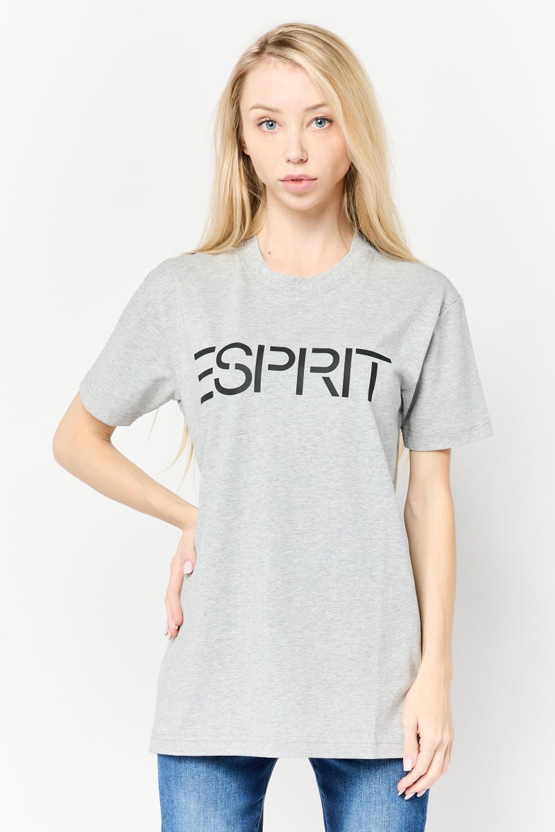 ESPRIT Women Crew Neck Short Sleeve Brand Logo T-Shirt, Grey - Image 1