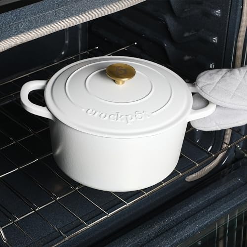 Crock-Pot Artisan 5-Quart Round Dutch Oven – Matte Linen White with Gold Knob, Enameled Cast Iron Cookware - Image 3
