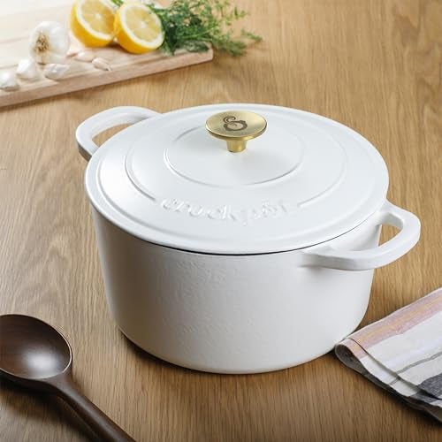 Crock-Pot Artisan 5-Quart Round Dutch Oven – Matte Linen White with Gold Knob, Enameled Cast Iron Cookware - Image 5