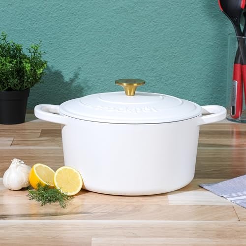Crock-Pot Artisan 5-Quart Round Dutch Oven – Matte Linen White with Gold Knob, Enameled Cast Iron Cookware - Image 4