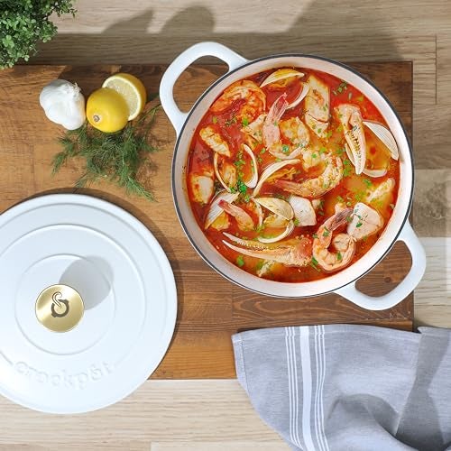 Crock-Pot Artisan 5-Quart Round Dutch Oven – Matte Linen White with Gold Knob, Enameled Cast Iron Cookware - Image 2