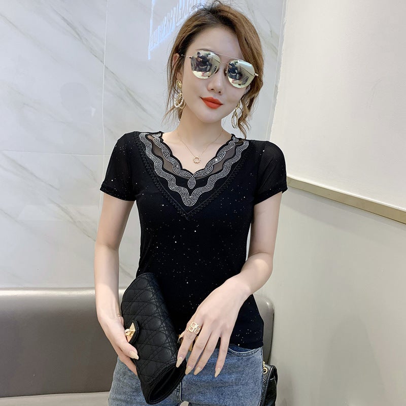 Actual S Of 2025 Short-Sleeved Lace Embroidered Rhinestone T-Shirt, Stylish Leopard Print, Beautiful Back, Slimming Look Top - Image 1
