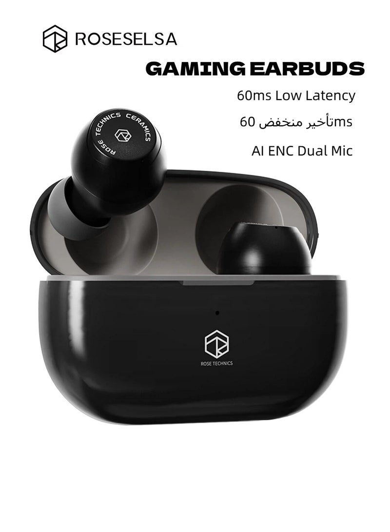 ROSESELSA Ceramics Gaming Earbuds, 60ms Low Latency Bluetooth 5.3 Wireless Earphones, AI ENC Dual Mic, 28H Playtime for PUBG, iPhone & Android - Image 1