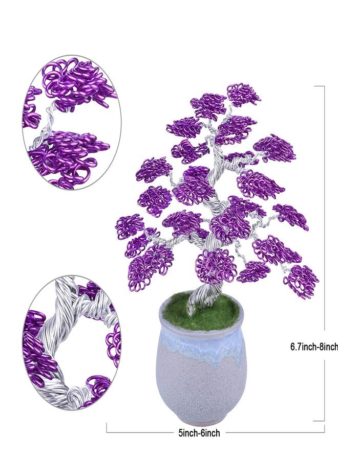 رووك كلاود تمثال شجرة المال المصنوع من أسلاك الألومنيوم من روك كلاود مع قاعدة سيراميك، بونساي فنغ شوي، ديكور منزلي ومكتبي لجلب الحظ والثروة، بنفسجي وفضي - Image 3
