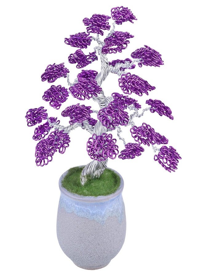 رووك كلاود تمثال شجرة المال المصنوع من أسلاك الألومنيوم من روك كلاود مع قاعدة سيراميك، بونساي فنغ شوي، ديكور منزلي ومكتبي لجلب الحظ والثروة، بنفسجي وفضي - Image 1