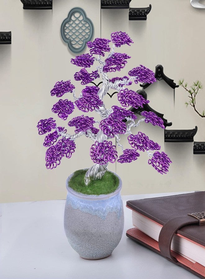رووك كلاود تمثال شجرة المال المصنوع من أسلاك الألومنيوم من روك كلاود مع قاعدة سيراميك، بونساي فنغ شوي، ديكور منزلي ومكتبي لجلب الحظ والثروة، بنفسجي وفضي - Image 2