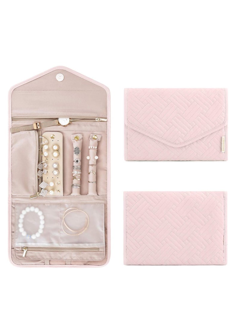 Arabest Portable Jewelry Bag, Travel Jewelry Organizer, Fabric Jewelry Storage Pouch, Separate Compartments for Necklaces, Earrings, Bracelets, Rings, Foldable Easy Packing (pink) - Image 1